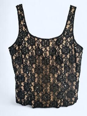 Andretta Donatello Black Lace Tank Top with Nude Lining and Black Sequins L